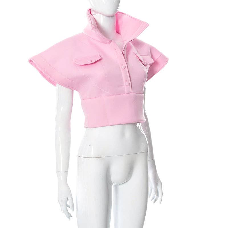 MB FASHION Cropped High Collar Button-Up Top 452R