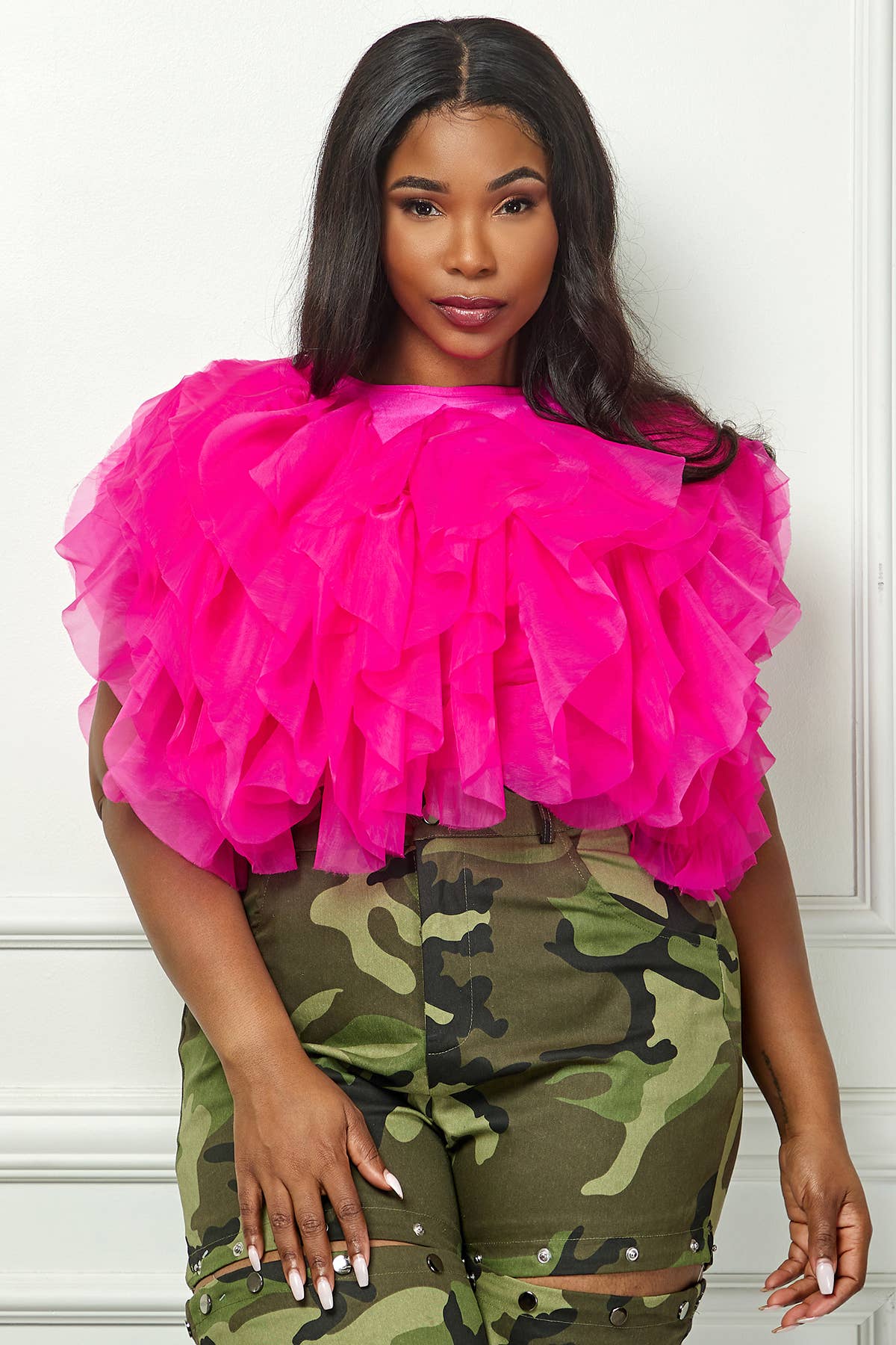 Plus Size Sleeveless Ruffle Tulle Crop Top - Multi-Color