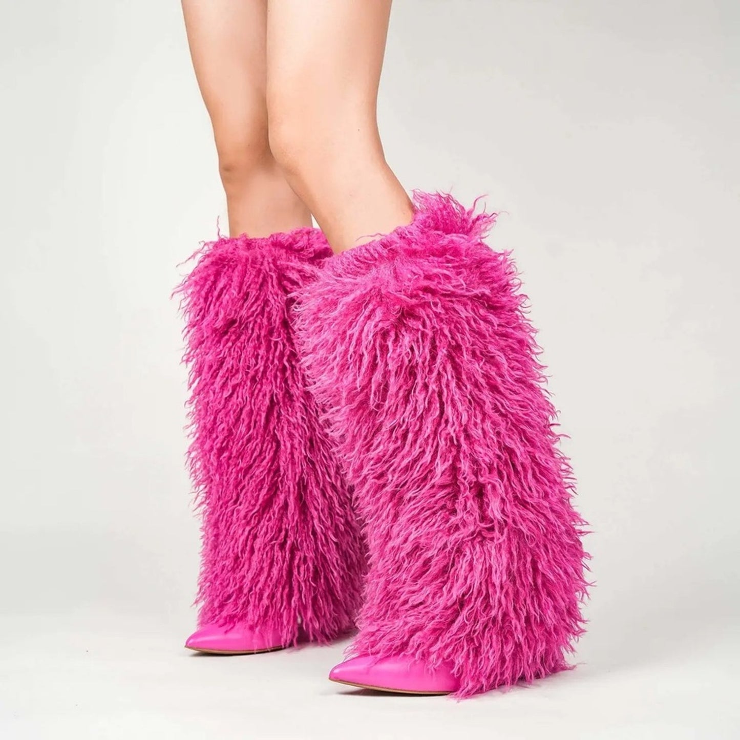 Demure Diamante Faux Fur Knee-High Boots - 4" Heel