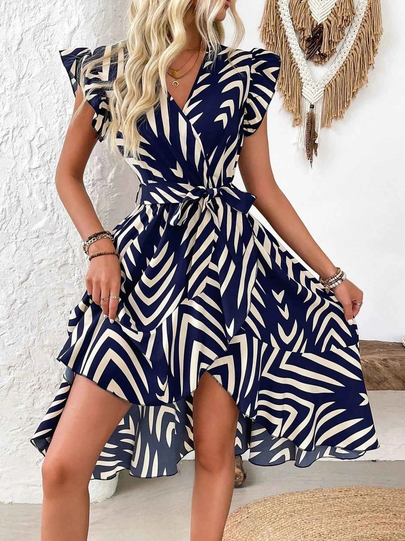 Geometric Print Surplice Flutter Sleeve Dress