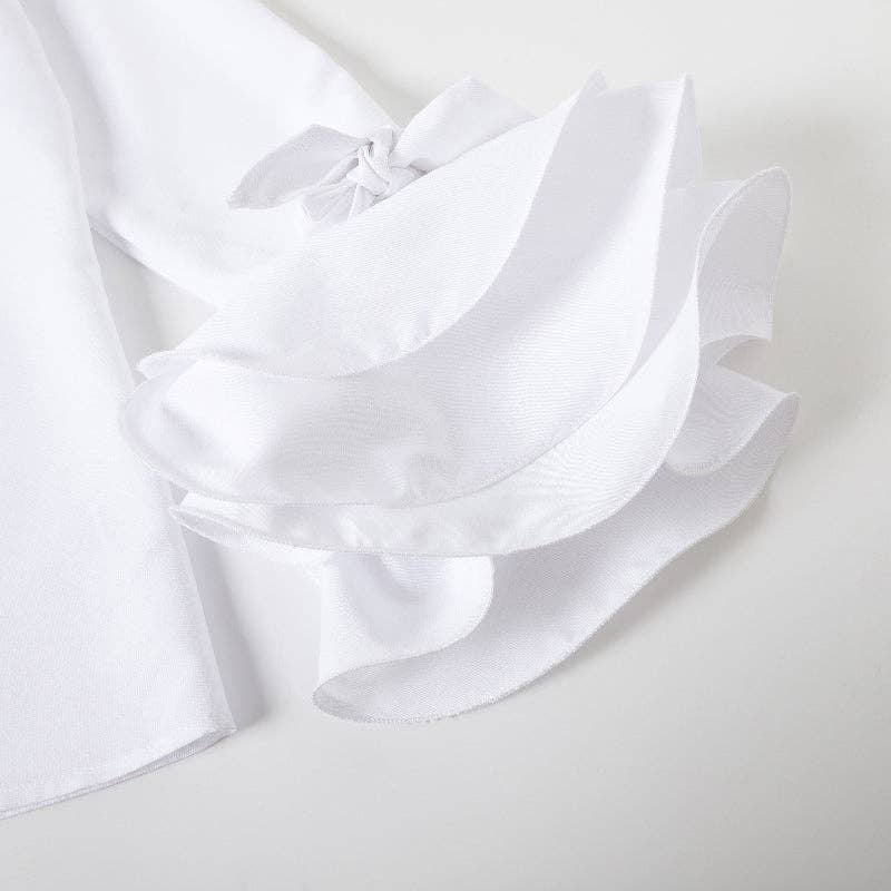 Cotton-Blend Flared Sleeve Bow Falbala Lapel Blouse