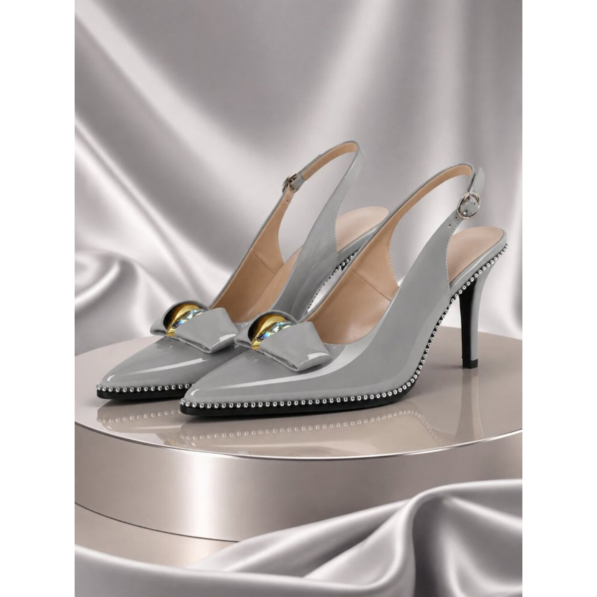 Patent White Slingback Stiletto Pumps | Pointed Toe Jewel Heel