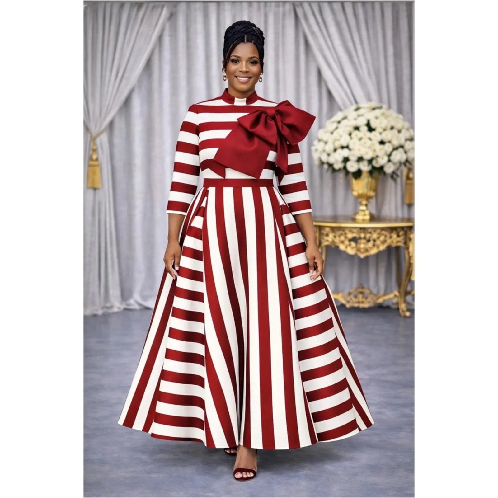 Plus Size Red & White Stripe Maxi Dress with Statement Bow