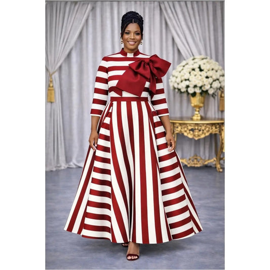 Plus Size Red & White Stripe Maxi Dress with Statement Bow