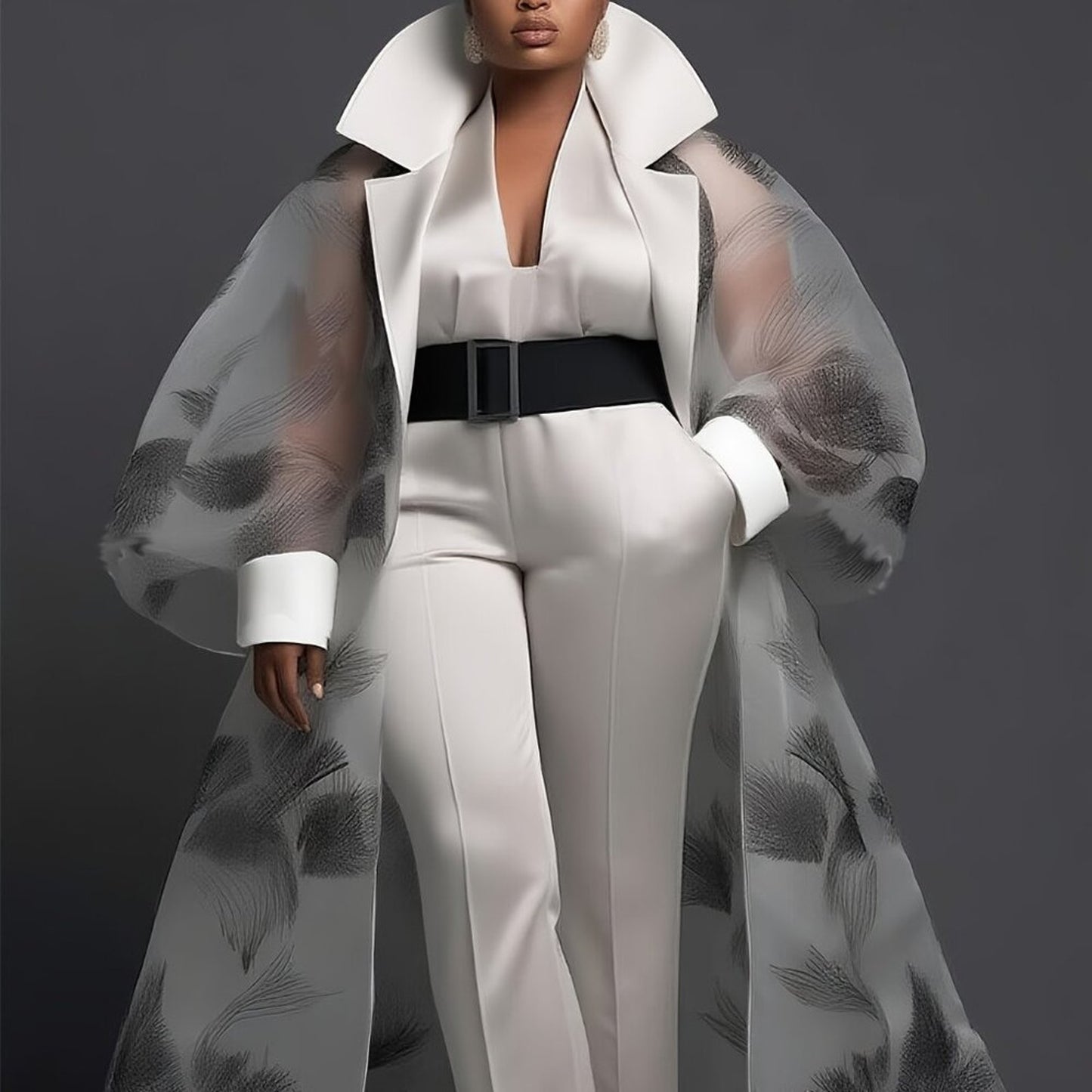 Person wearing a stylish outfit with a white jacket and pants on a dark background