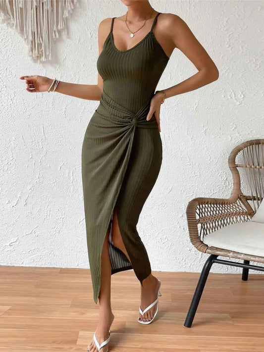 Ribbed Wrap Midi Dress with Side Slit