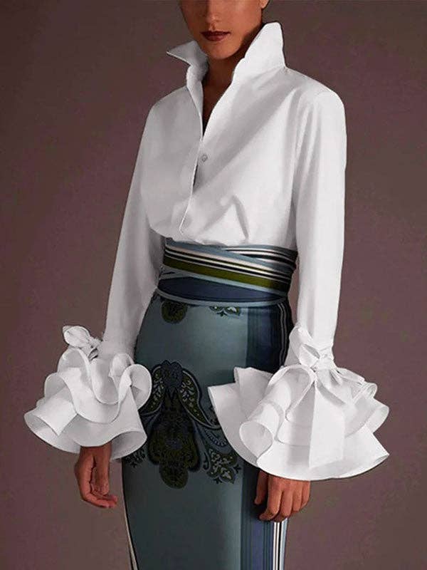 Cotton-Blend Flared Sleeve Bow Falbala Lapel Blouse