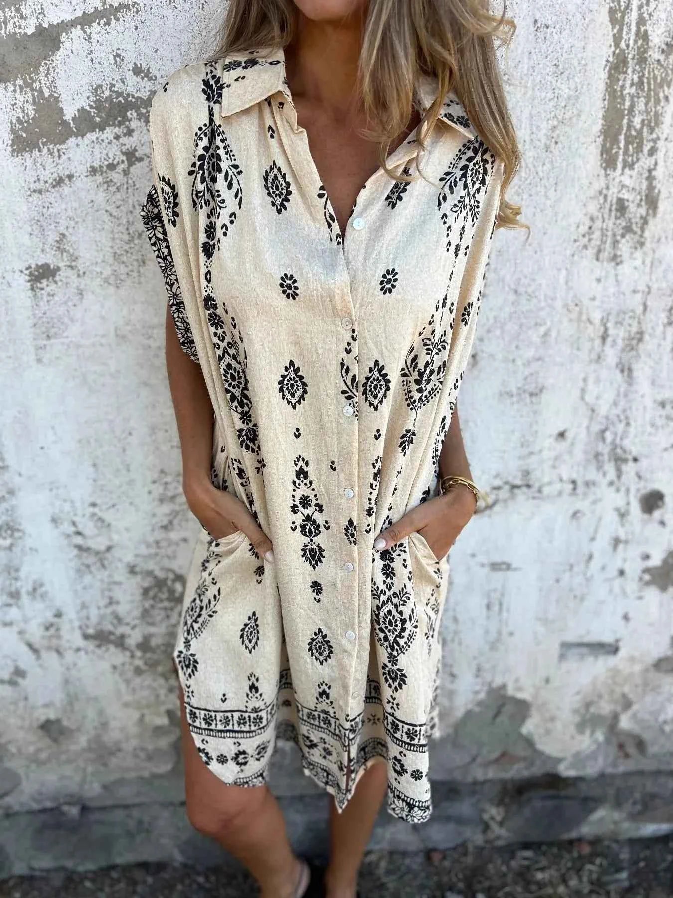 Full Size Printed Short Sleeve Button-Up Shirt Dress Plus Size