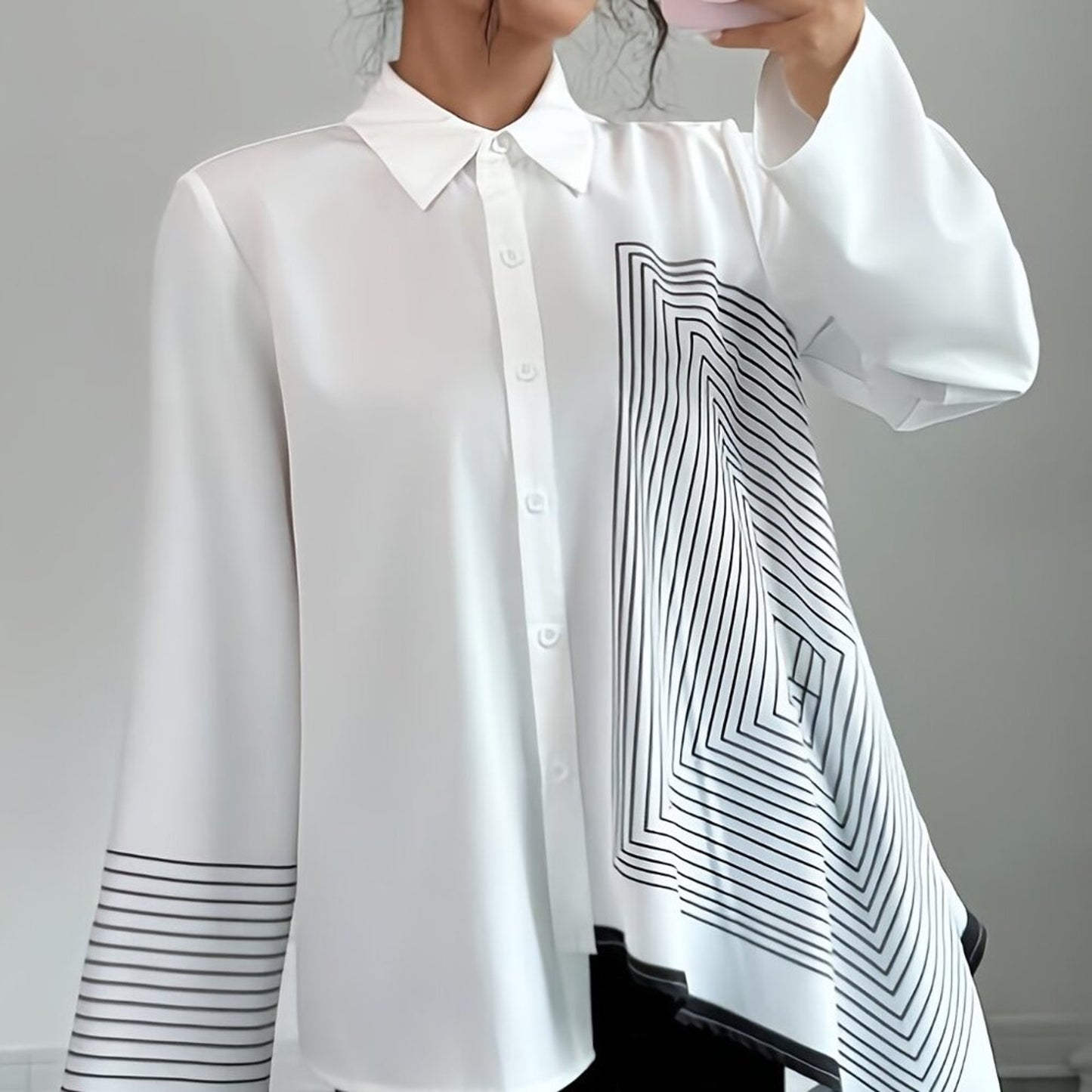 Plus Size White Geometric Asymmetrical Button Blouse | Elegant Statement Shirt T