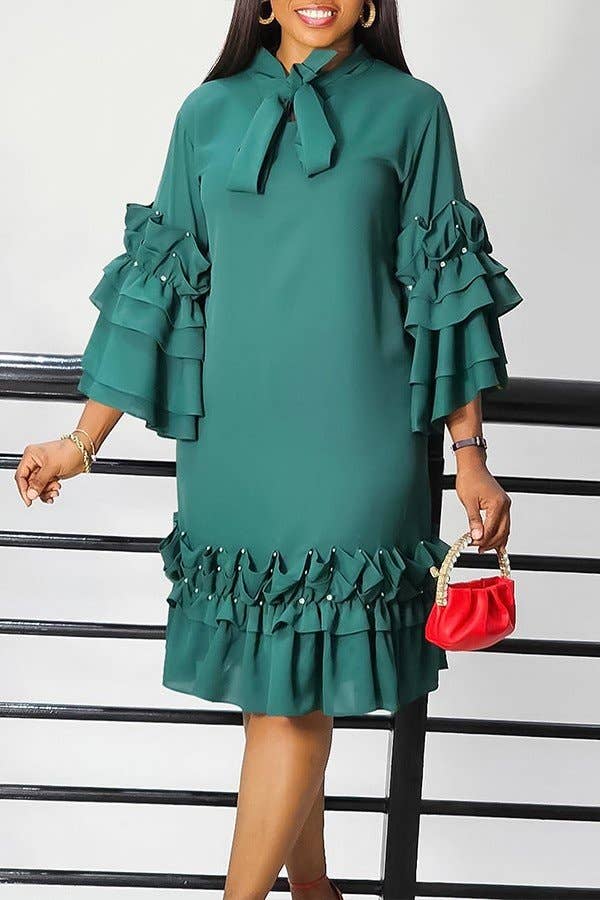 Ruffle Sleeve Solid Color Shift Dress