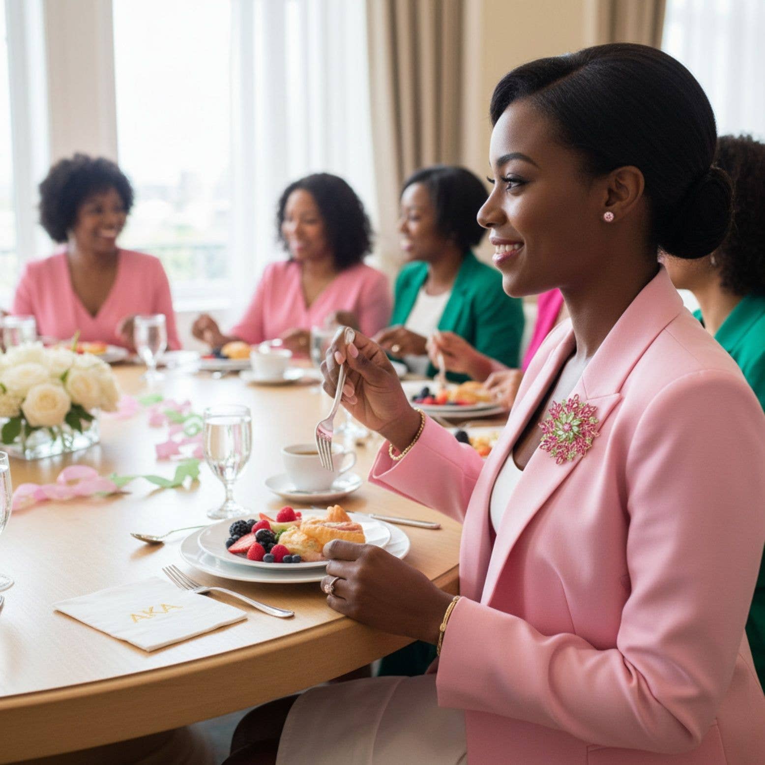 Woman in a pink blazer sitting at a table with a group of women, enjoying a meal.