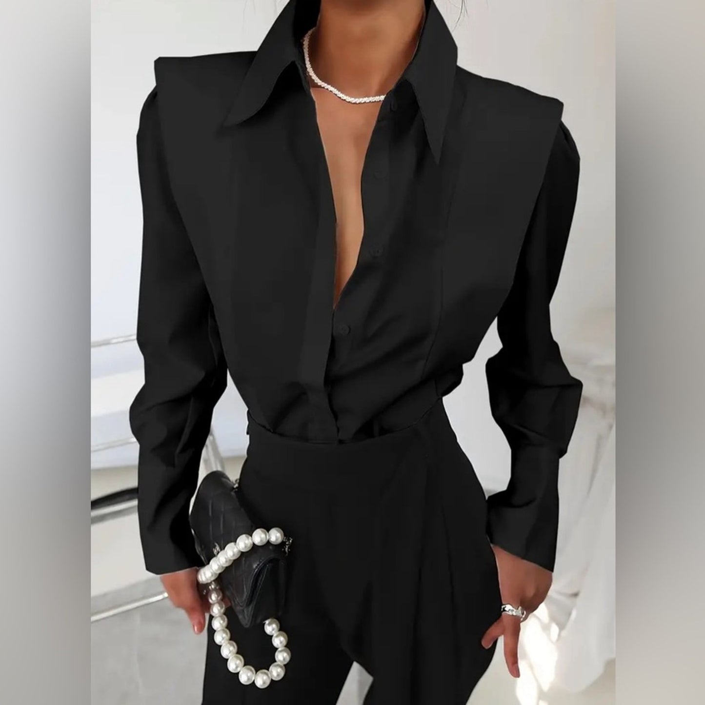 Black Elegant Solid Button Front Shirt - Flattering Lapel