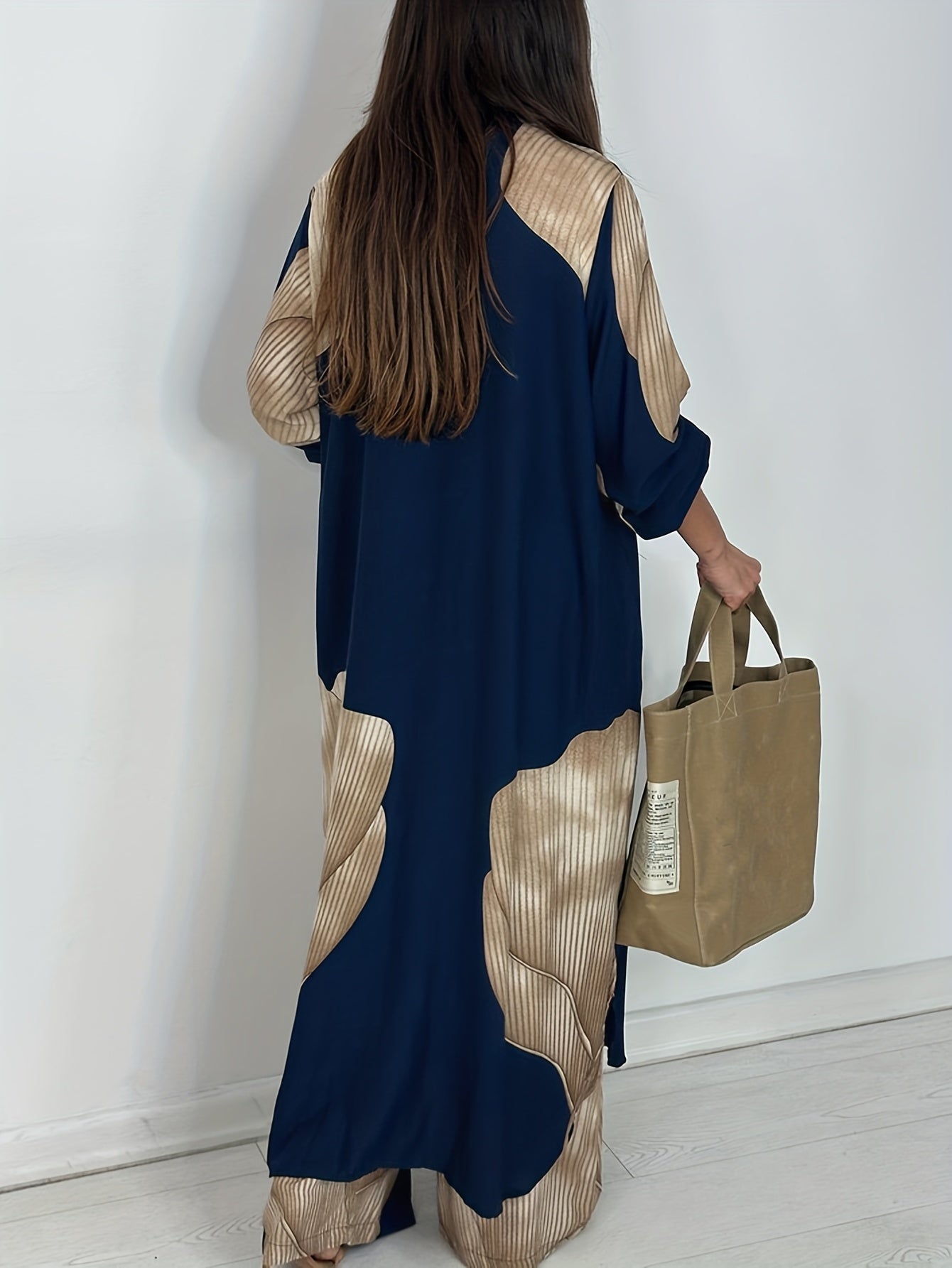 Luxury Blue Colorblock Satin Lounge Set – Oversized Button-Down Shirt & Wide-Leg Pants | Chic Neutral Statement Set