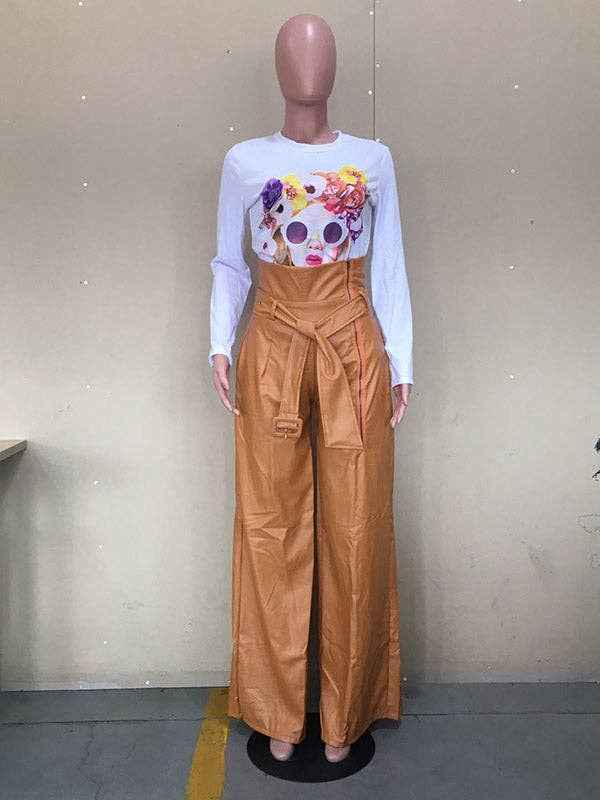 High Waisted Wide Leg Belted Solid Color Zipper Pants Trousers