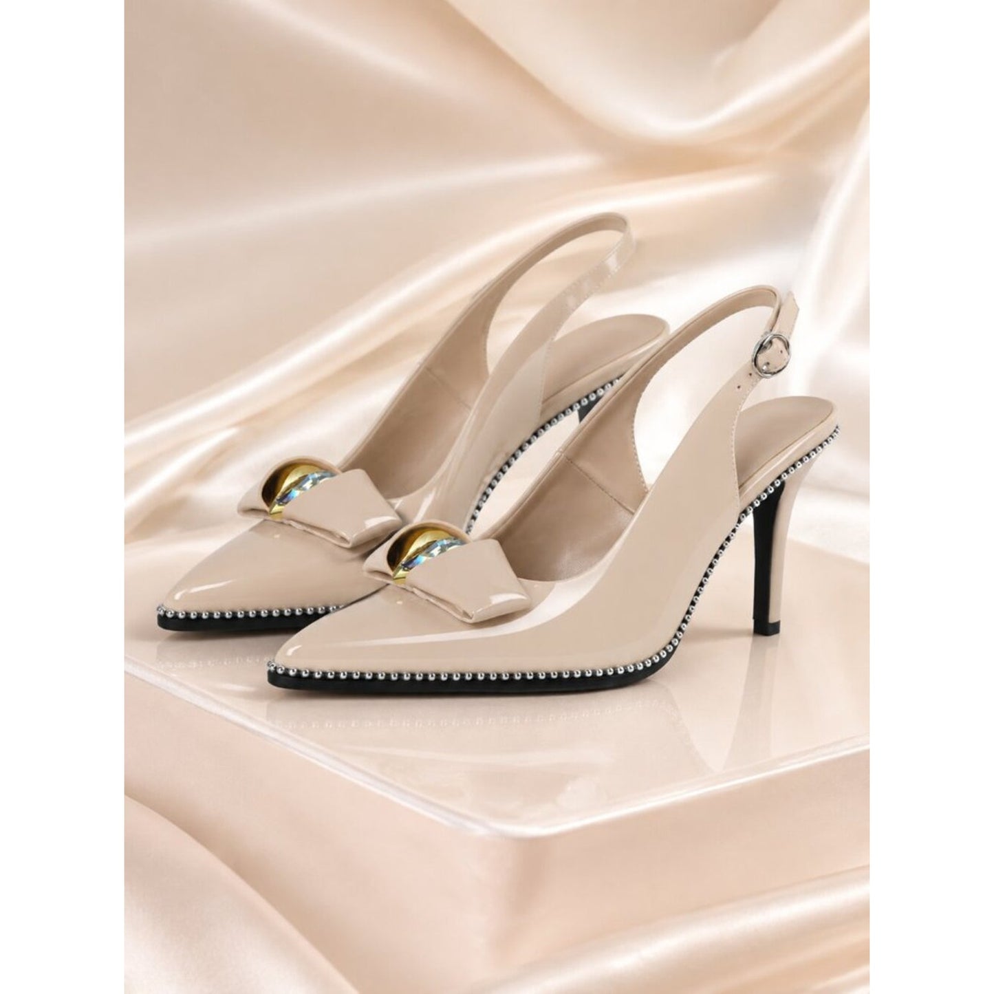 Patent Grey Slingback Stiletto Pumps | Pointed Toe Jewel Heel