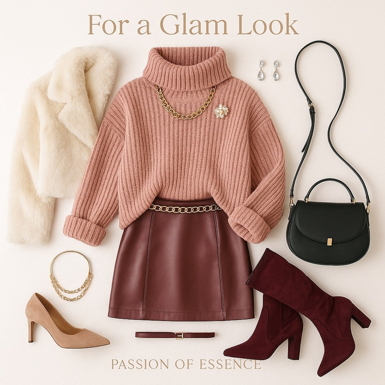 Fashion outfit with pink sweater, maroon skirt, black handbag, and red boots on a white background.