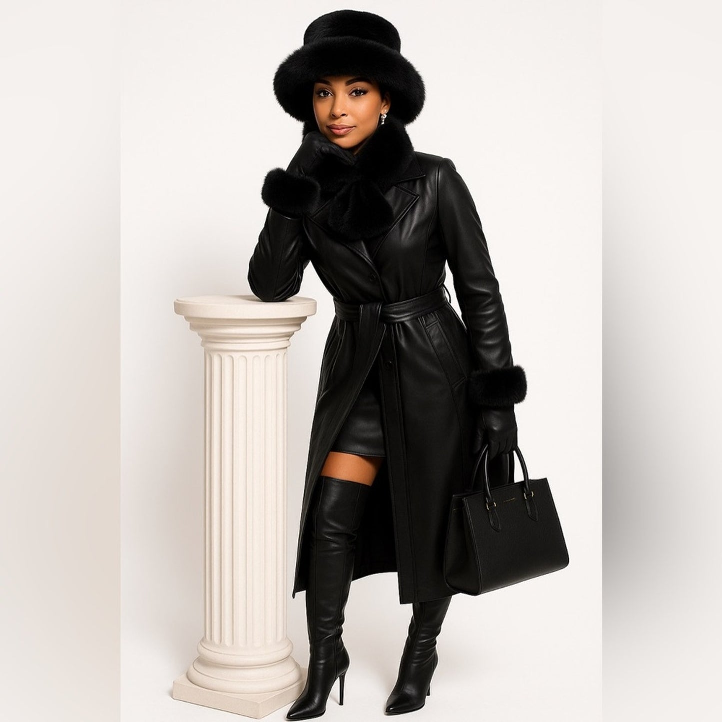 Woman in a black leather coat and hat standing next to a white column on a white background