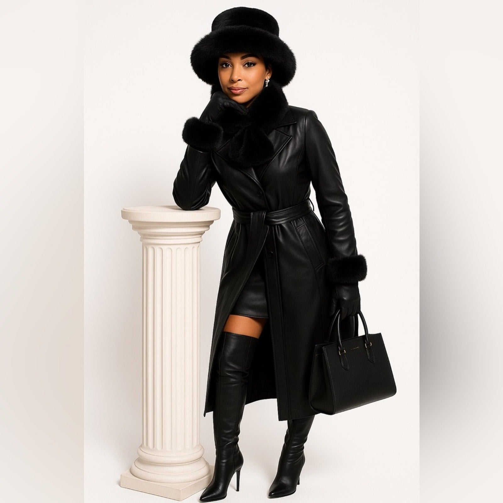 Woman in a black leather coat and hat standing next to a white column on a white background