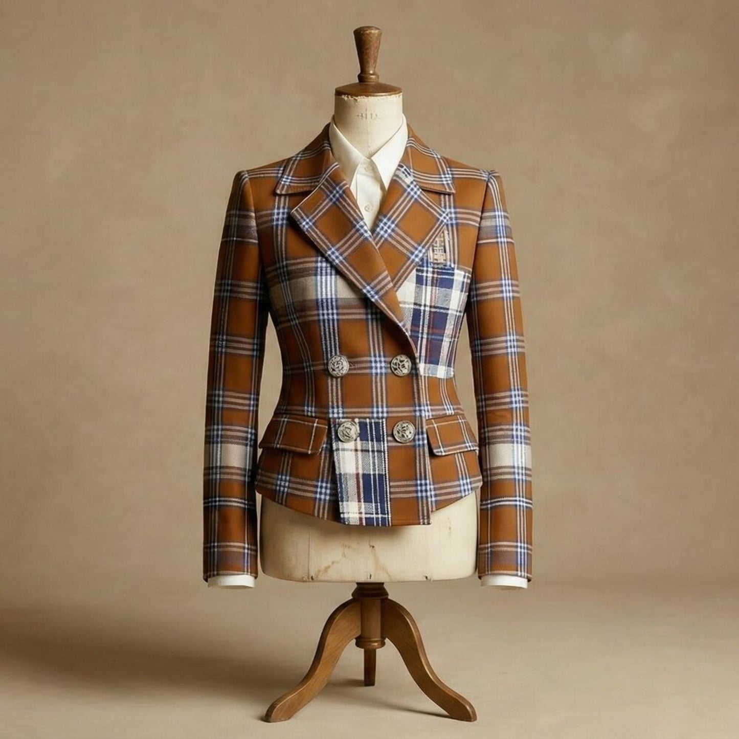 Plus Plaid Double-Breasted Blazer Coat | Lapel, Gold Buttons