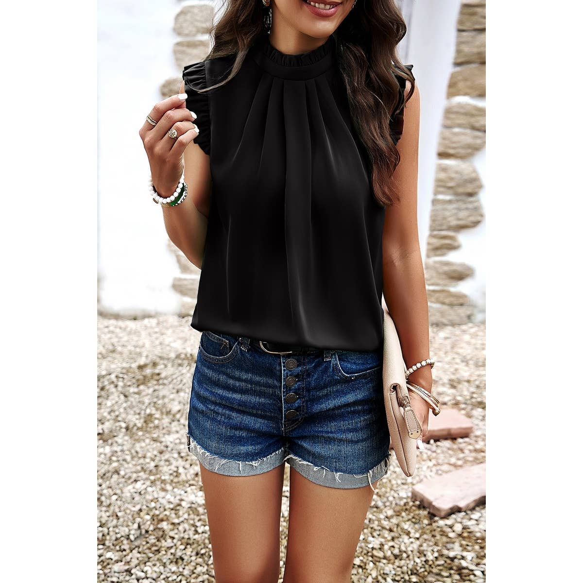 Solid Frill Trim Mock Neck Sleeveless Tunic Blouse
