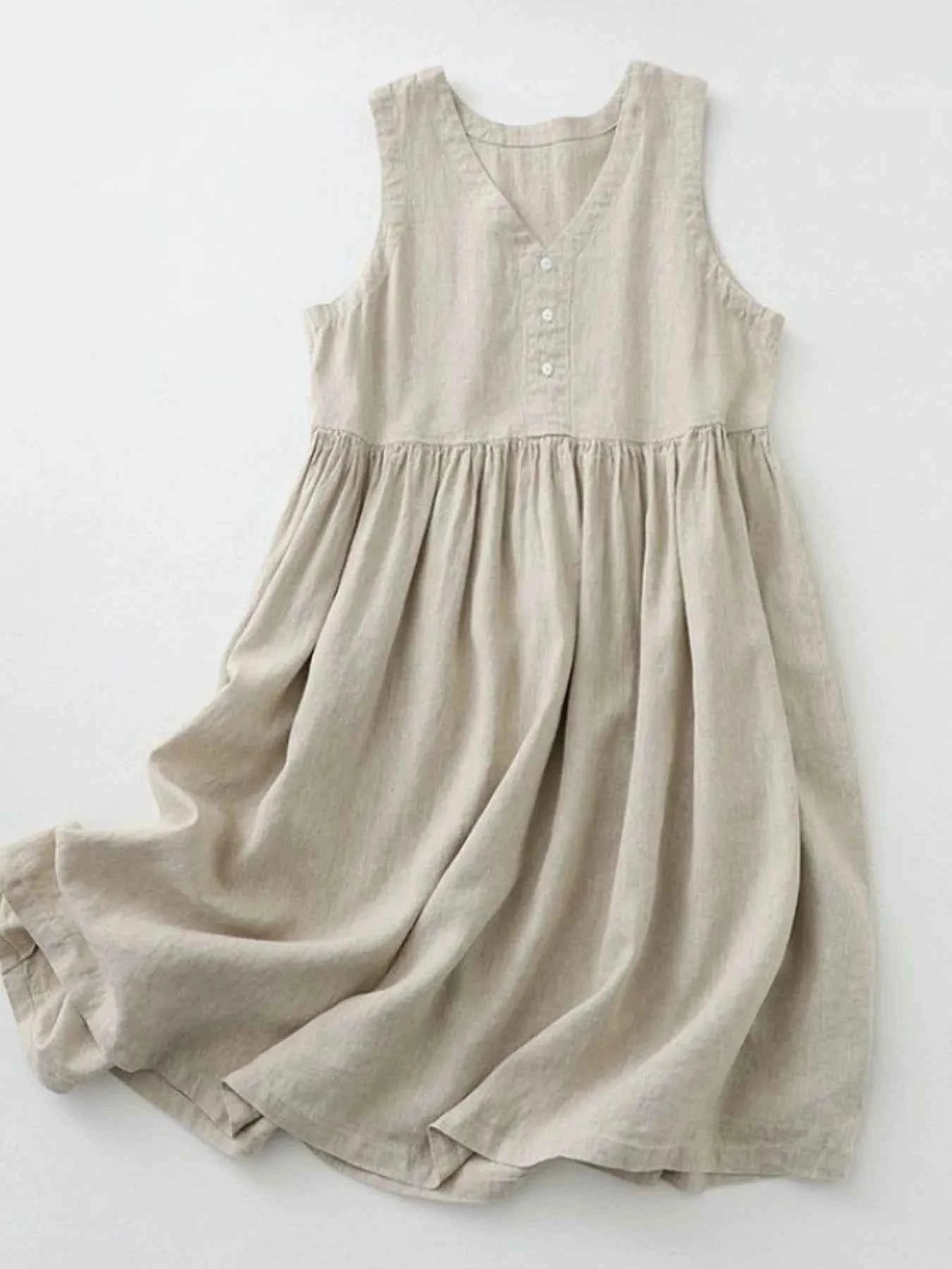 V-Neck Button Detail Sleeveless Midi Dress