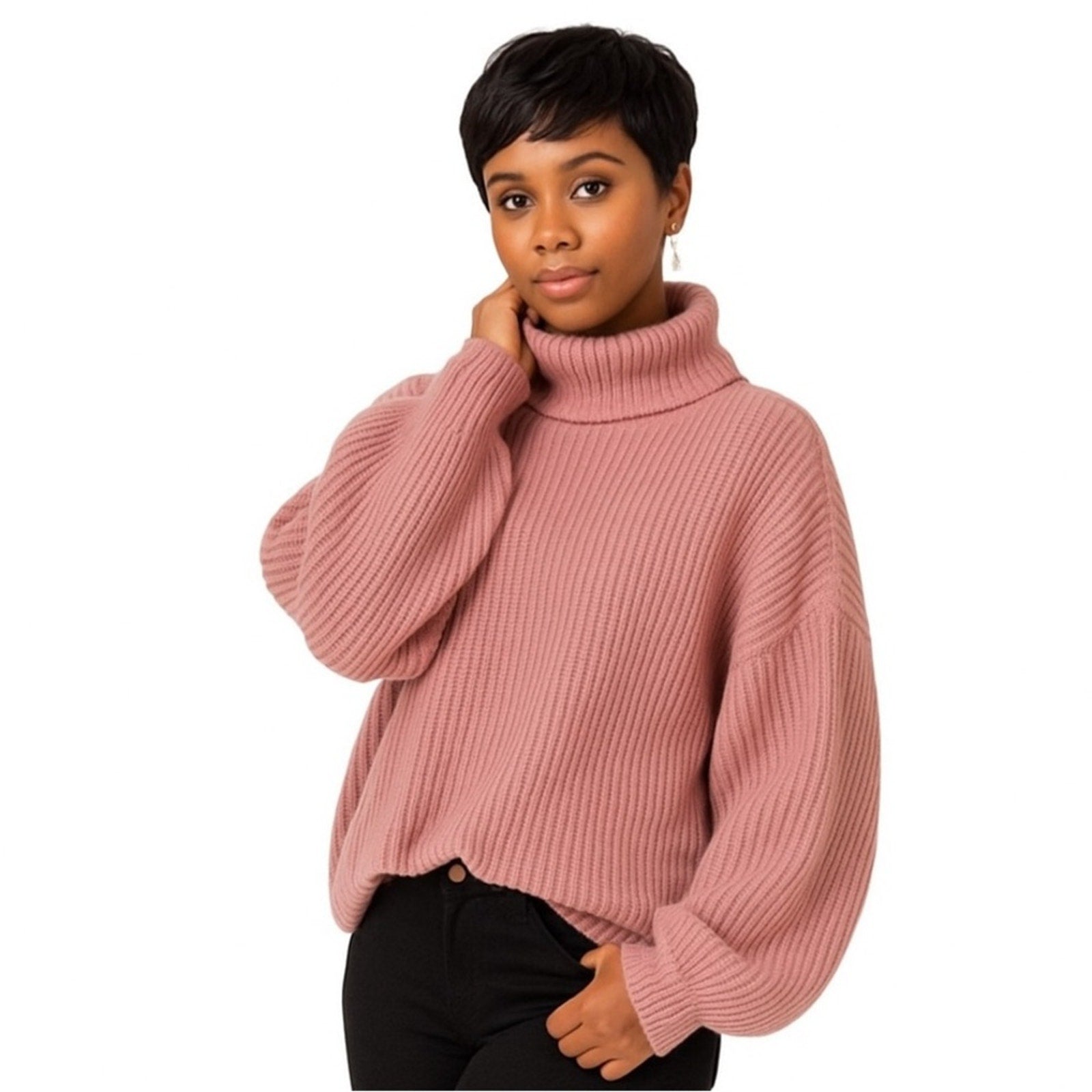 Person wearing a pink turtleneck sweater on a white background