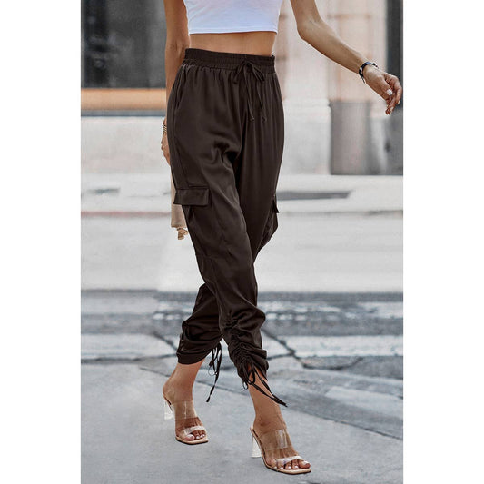Solid Drawstring Hem Flap Pocket Side Stacked Pants