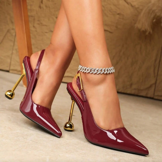 Elegant Burgundy Patent Slingback Heels with Gold Ball Stiletto