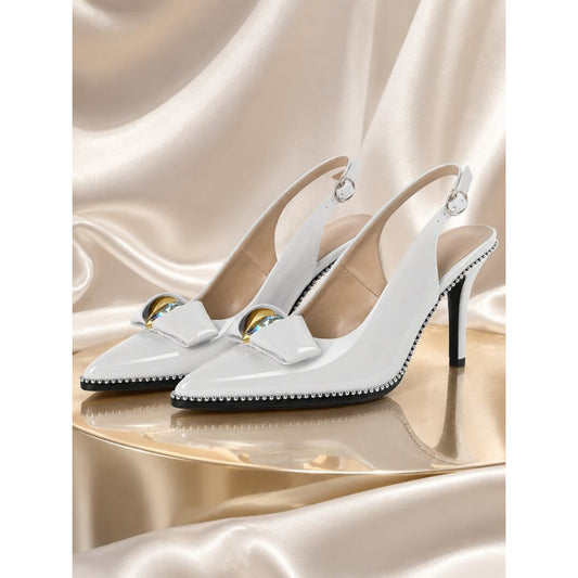 Patent White Slingback Stiletto Pumps | Pointed Toe Jewel Heel