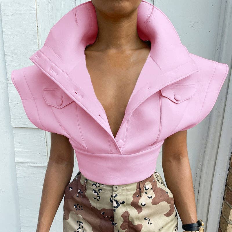 MB FASHION Cropped High Collar Button-Up Top 452R