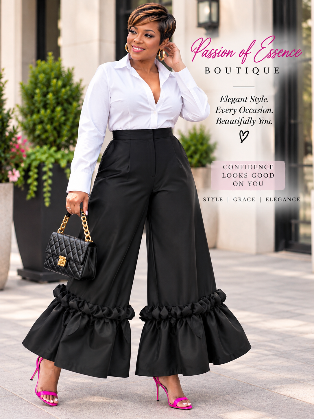 Plus Size Black High-Waist Wide-Leg Statement Ruffle Pants 1X–3X