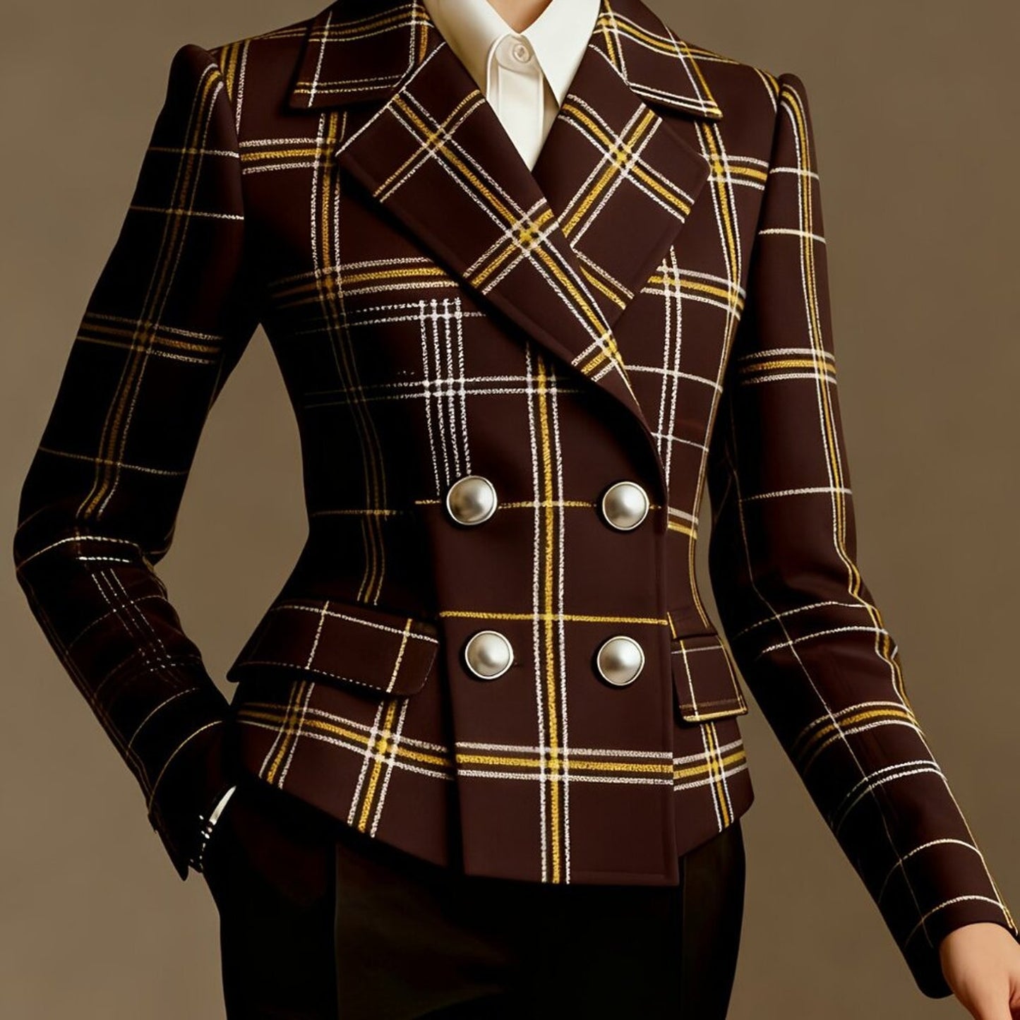 Brown Plaid Double-Breasted Blazer Jacket | Lapel Collar | Fall/Winter