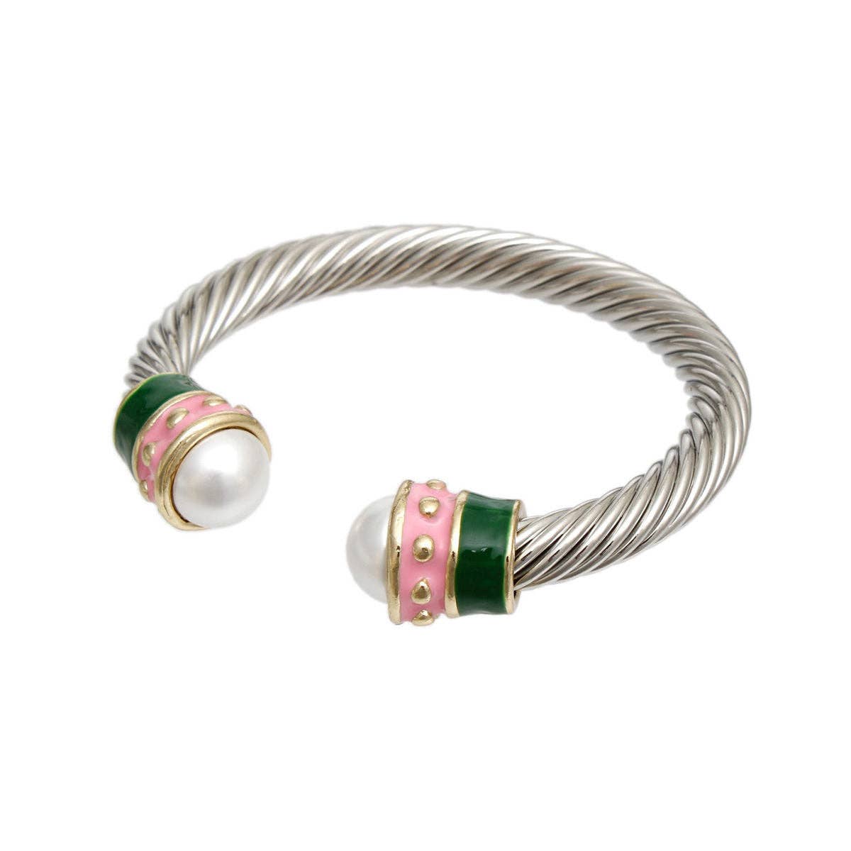 AKA Pink Green Thick Cable Classic Silver Bangle