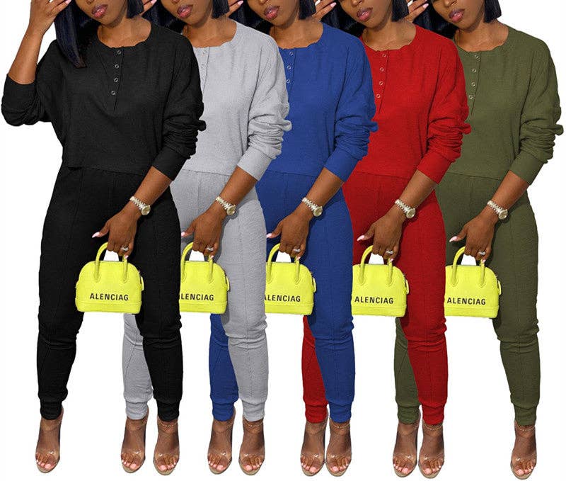 MB FASHION Casual Ribbed Loungewear Set with Button 10113