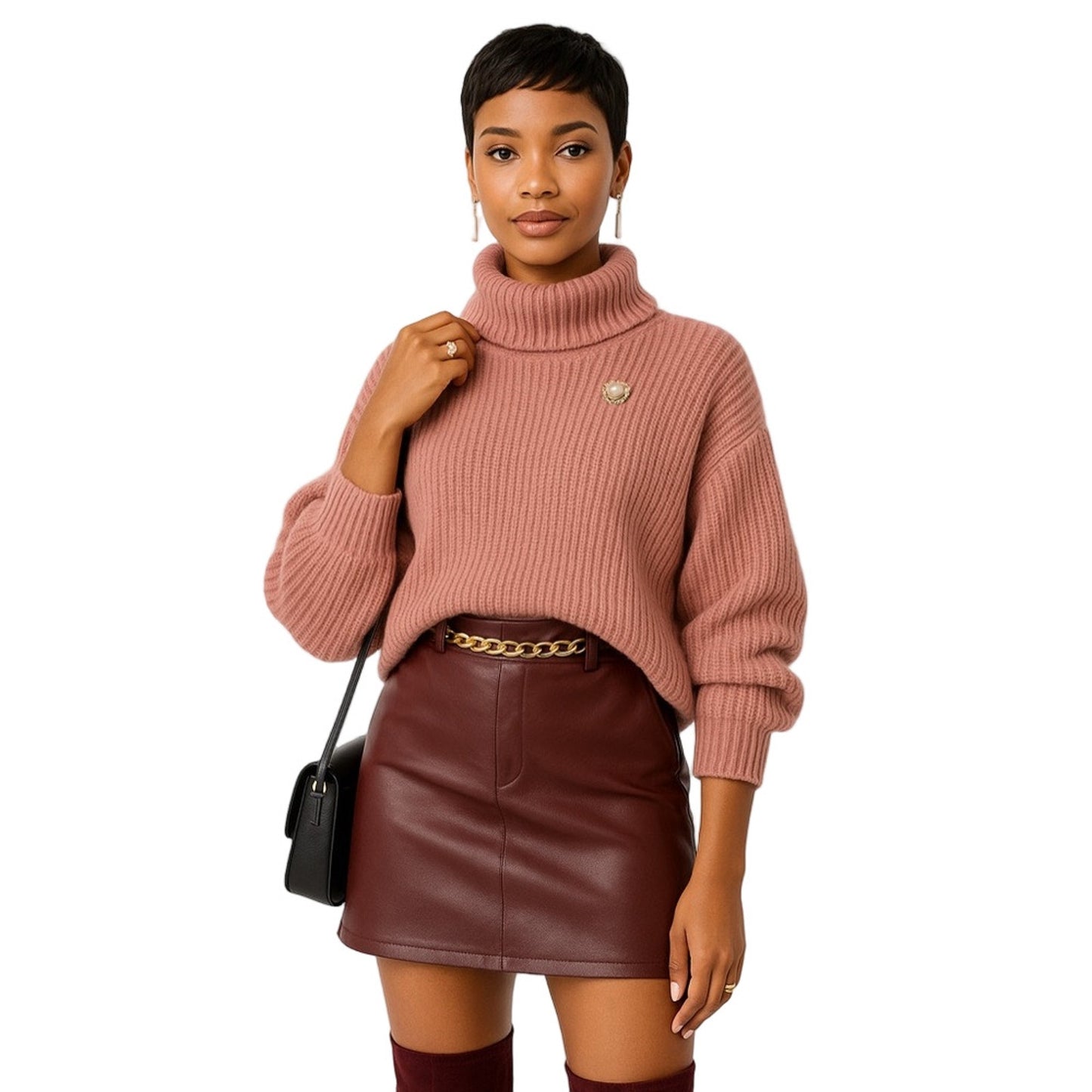 Woman wearing a pink sweater and brown leather skirt on a white background