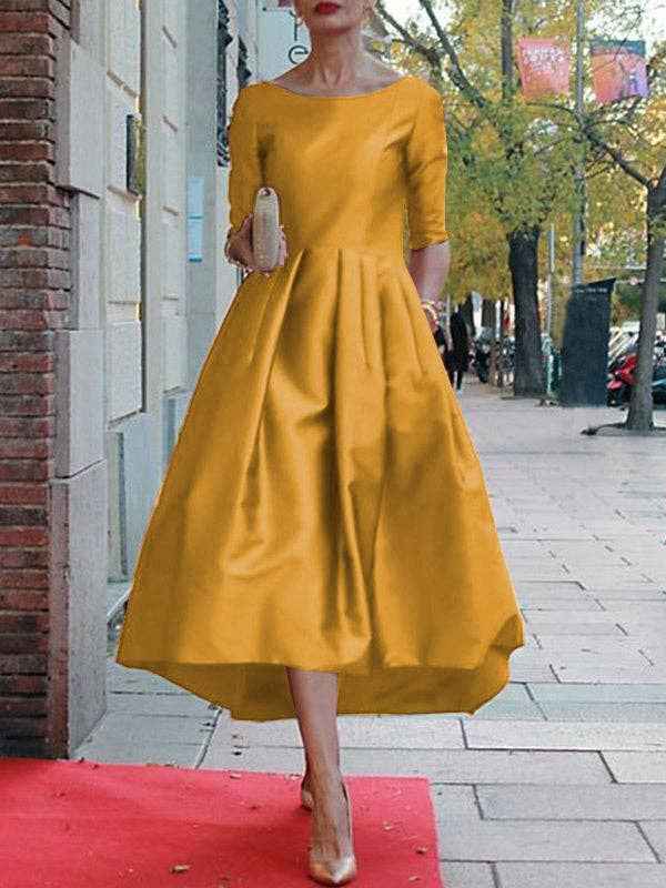 A-Line Loose Pleated Pockets Solid Color Split-Joint Round-Neck Midi Dresses