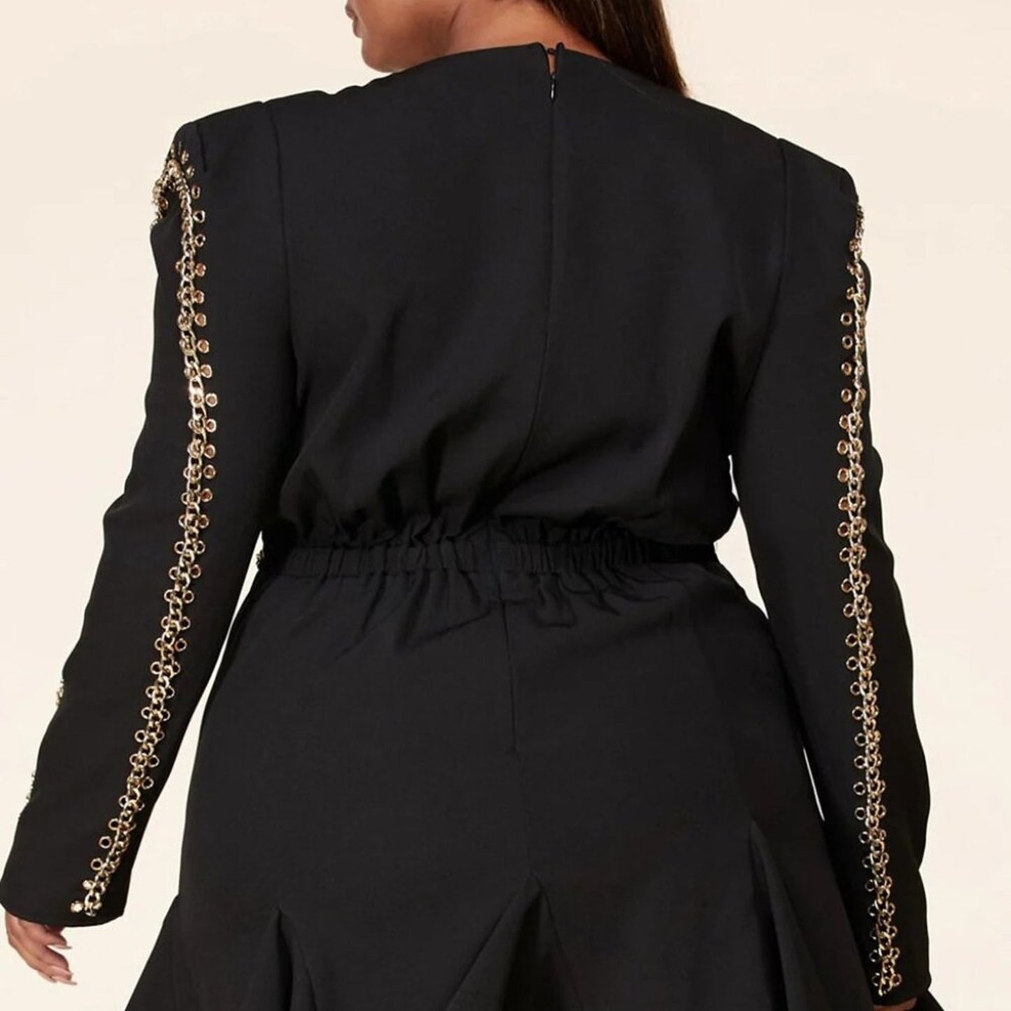 Embellished Sophisticated Black Balloon Dress Adorned with Golden Accents