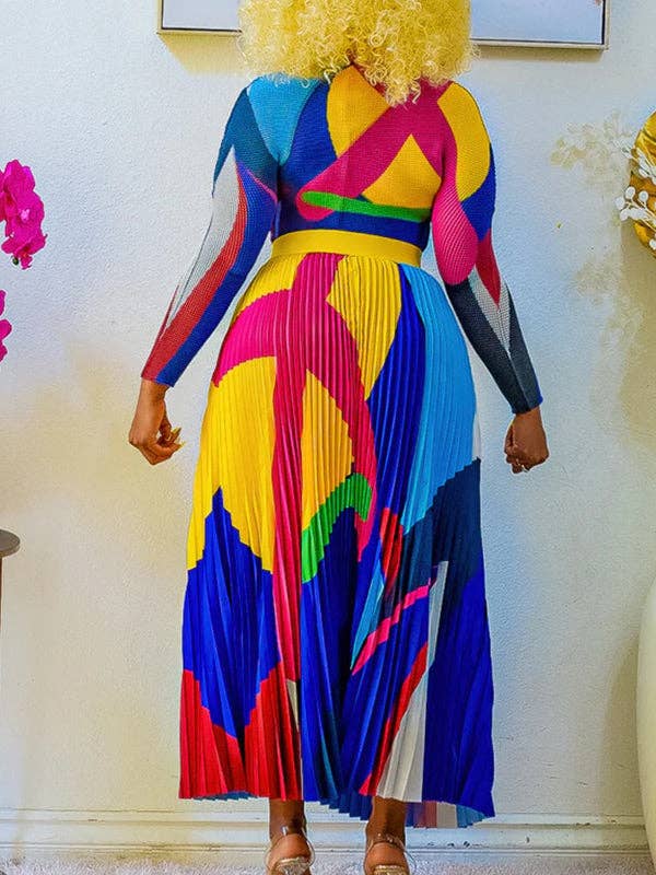 Plus Size Two-Piece Set - Printed Mock Neck Long Sleeve Top & Pleated Skirt