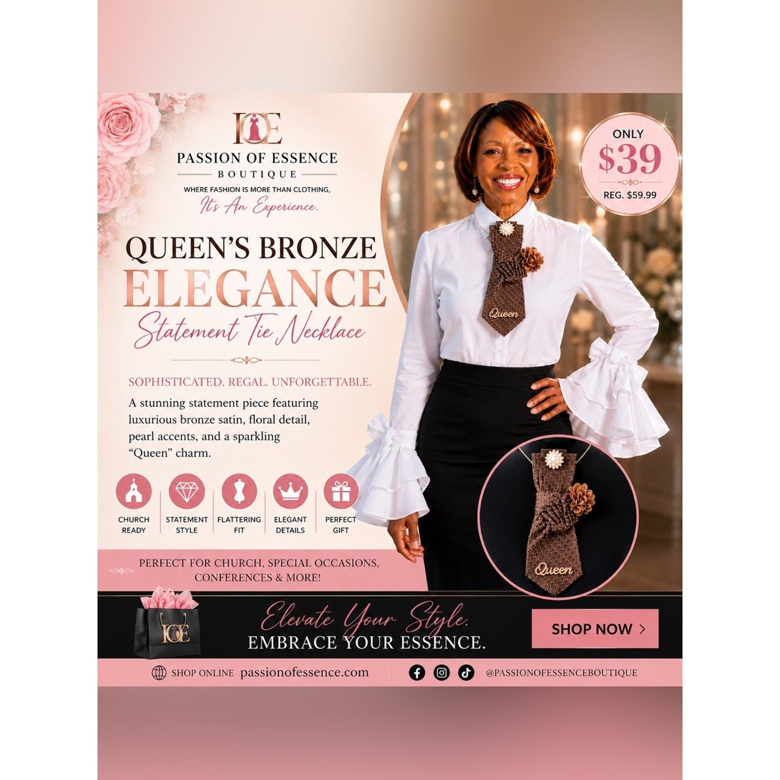 Advertisement for 'Queen's Bronze Elegance' statement tie necklace with a woman wearing it.