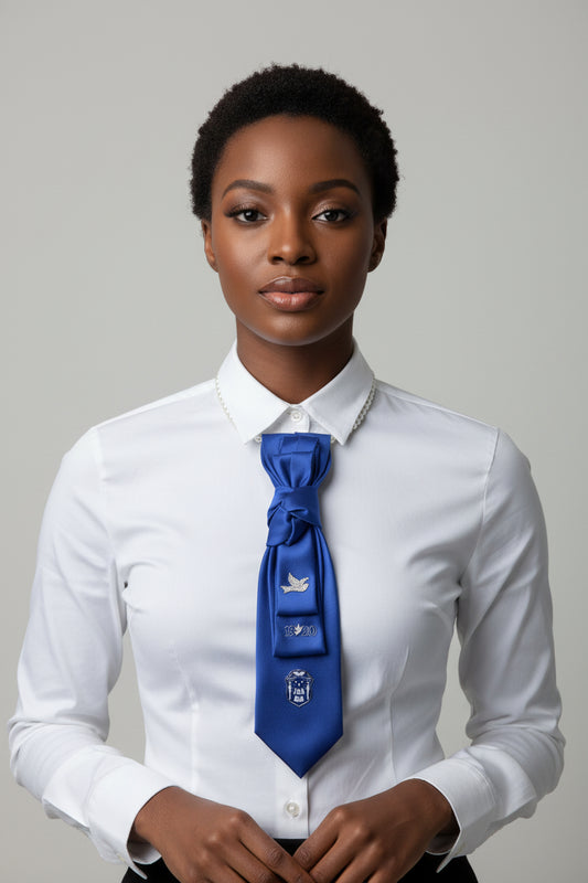 Blue necktie with pins on a mannequin torso against a white background