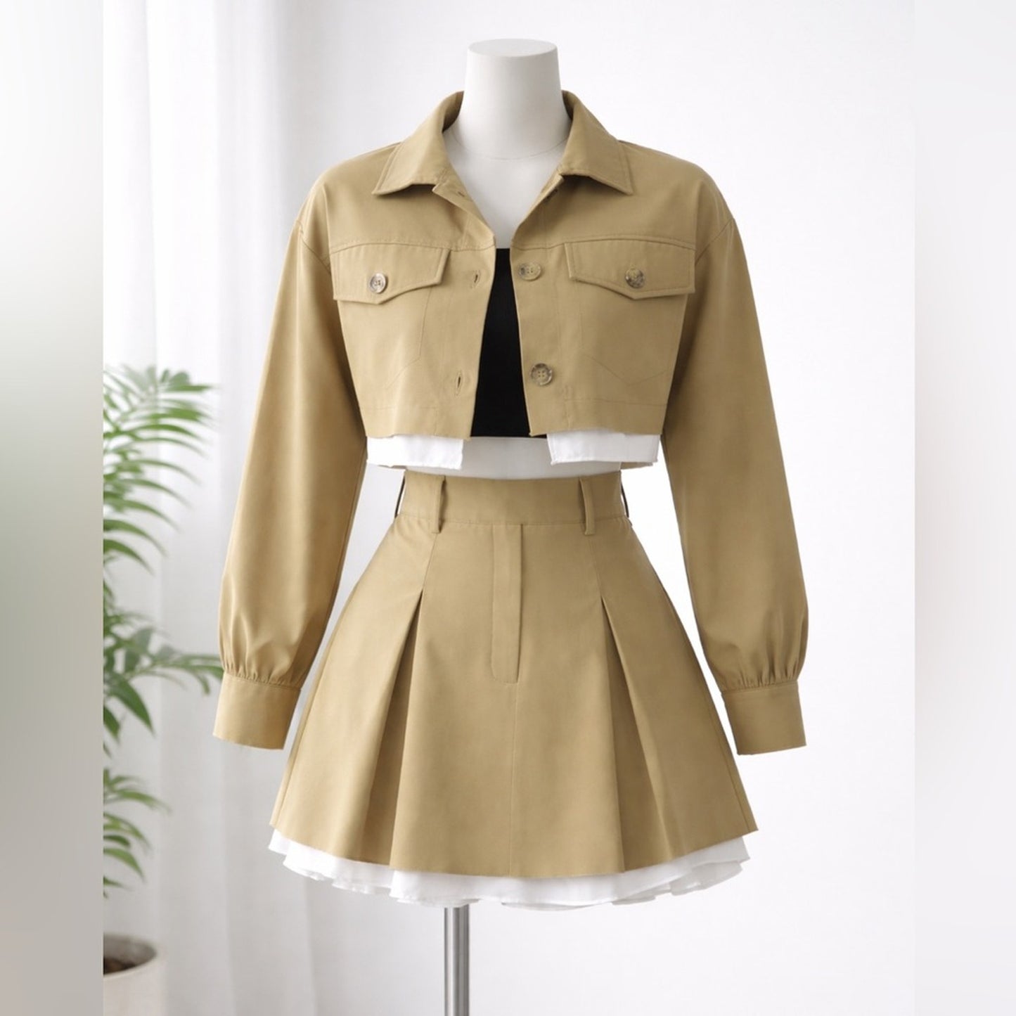 Cropped Khaki Jacket and Pleated Skirt Set - Khaki with White Trim