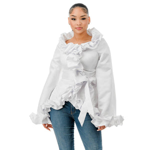 PLUS WIDE ROUND NECK RUFFLE JACKET