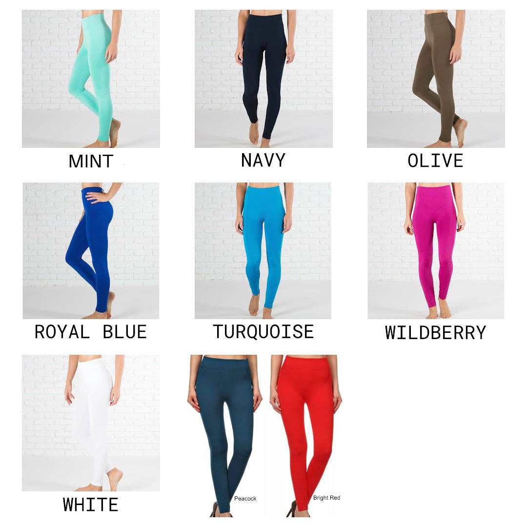 Grid of leggings in various colors with labels on a white background