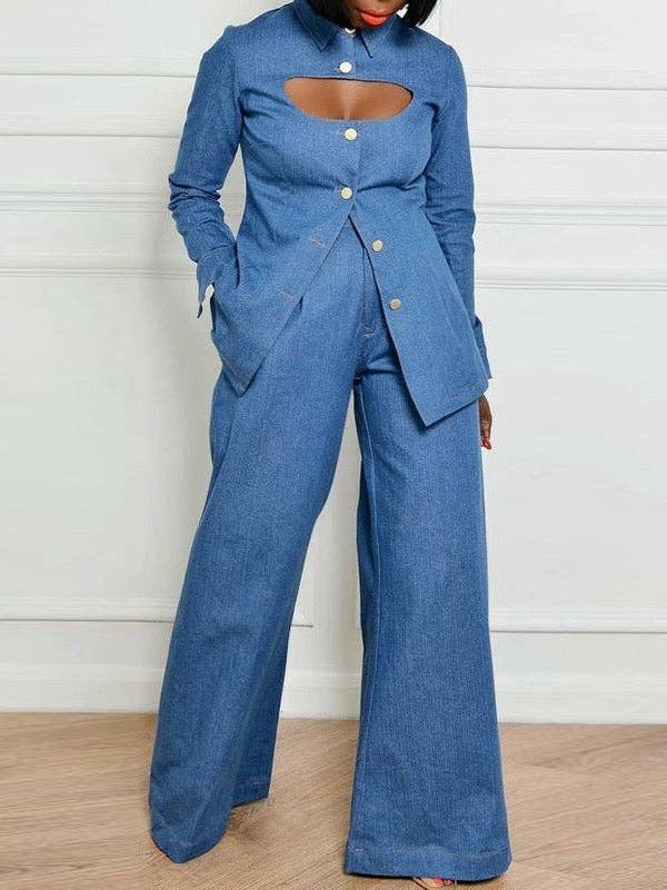 High-Waisted Jeans with Pockets and Lapel Blouse Sets