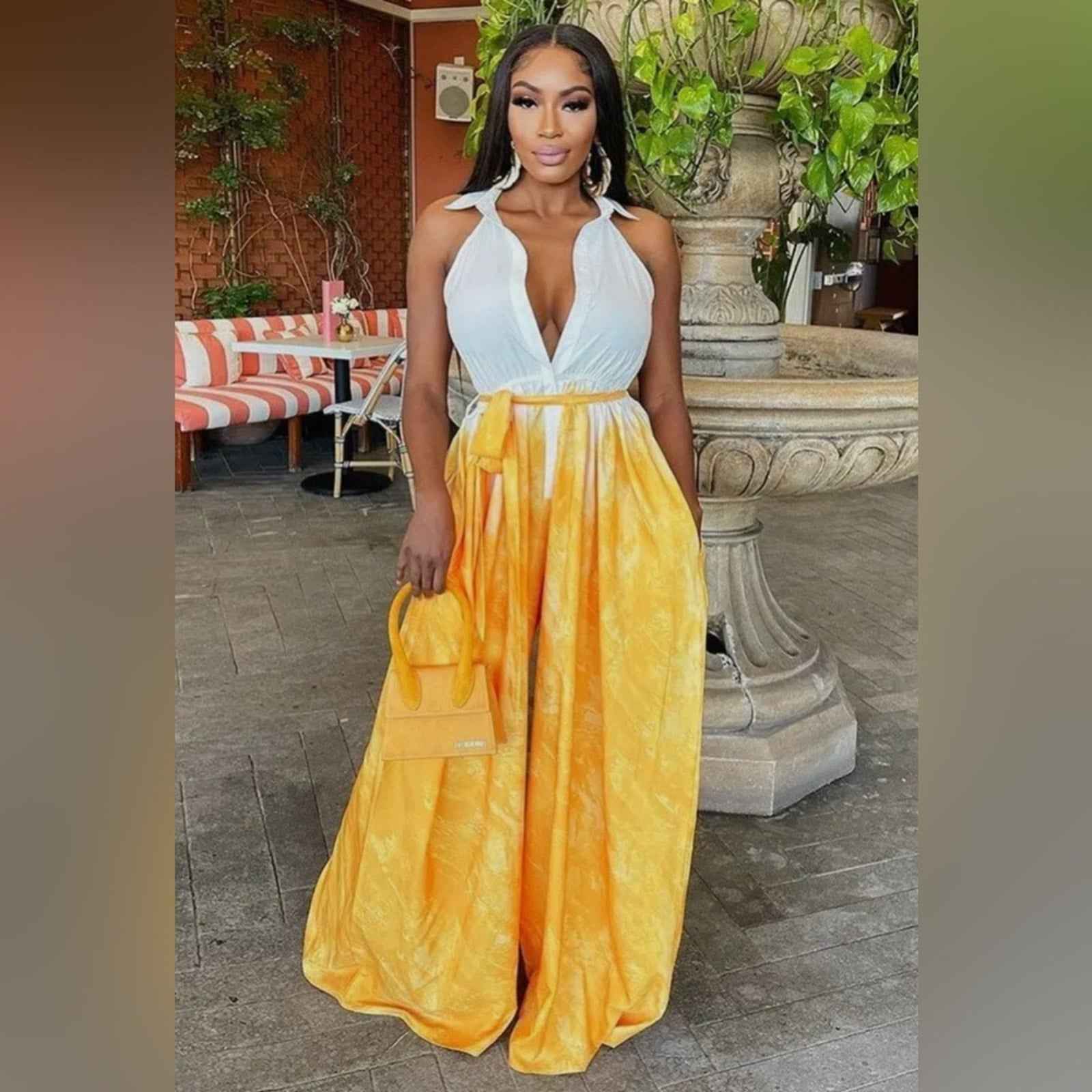 Stylish Yellow and White Halter Maxi Wide Leg Jumpsuit Size L-XXXL