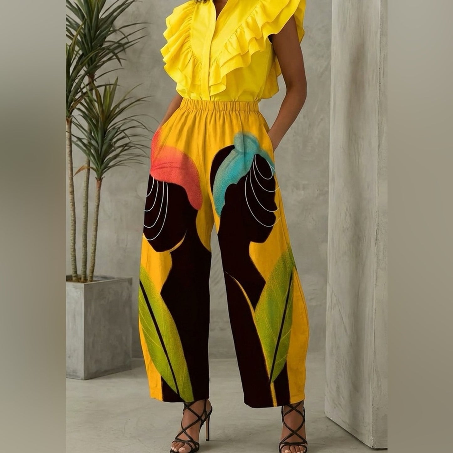 Yellow jumpsuit with abstract design worn by a person, standing against a neutral background.