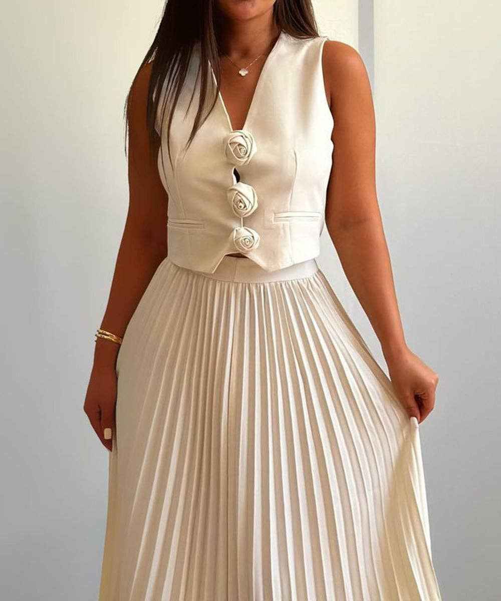 Sleeveless Tank Top Two Piece Set With Pleated Sleeves Women