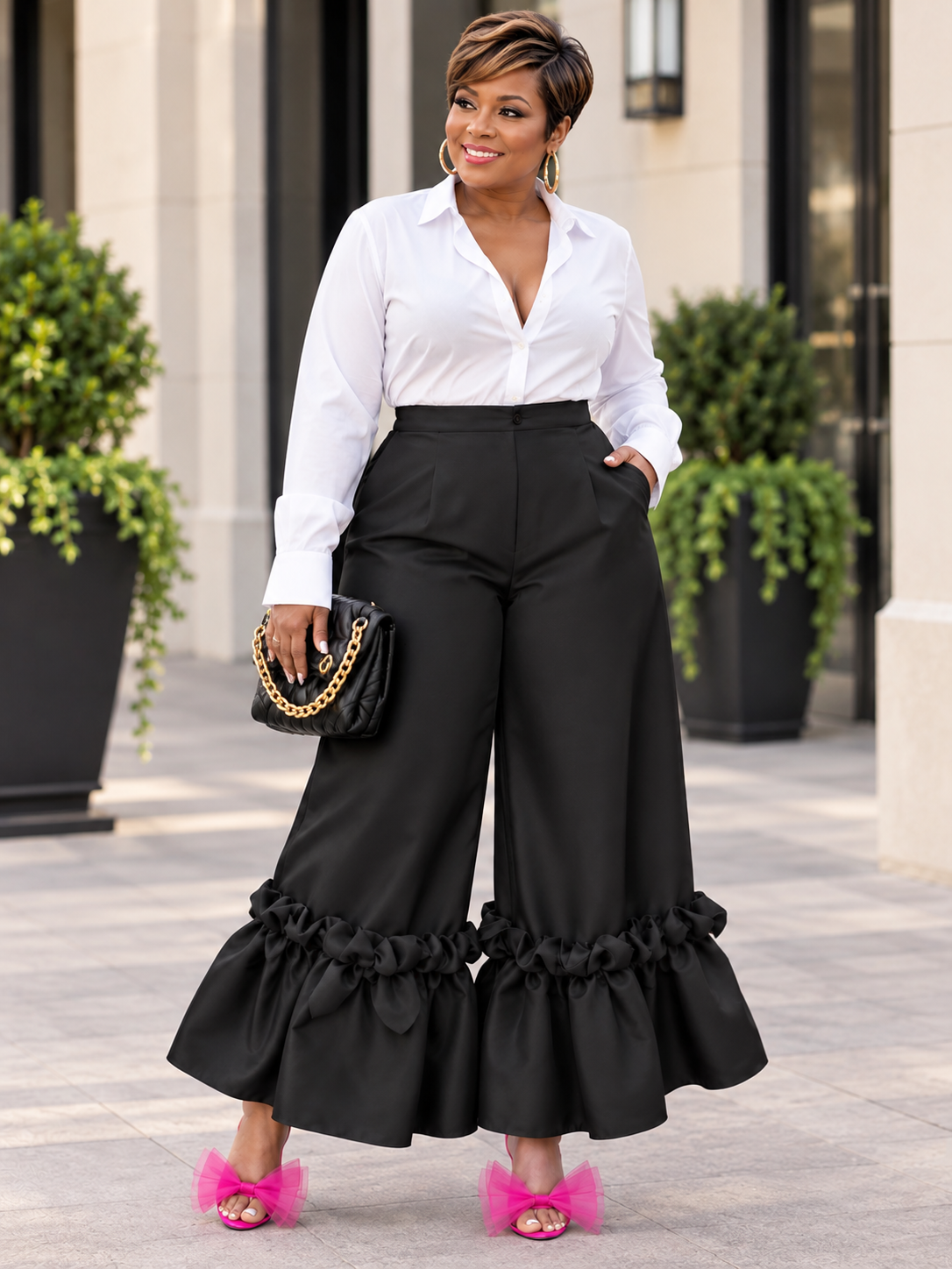 Plus Size Black High-Waist Wide-Leg Statement Ruffle Pants 1X–3X