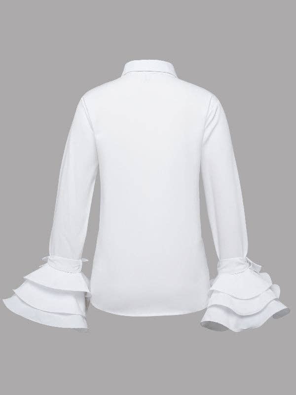 Cotton-Blend Flared Sleeve Bow Falbala Lapel Blouse