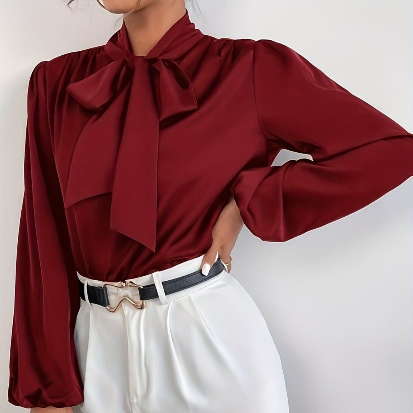 Tie Neck Blouse, Elegant Long Sleeve Satin Blouse